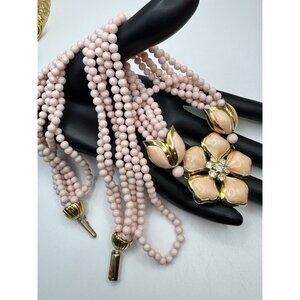 Vintage VB Pink Beaded Statement Necklace Gold Tone Enamel Flower Signed Rare